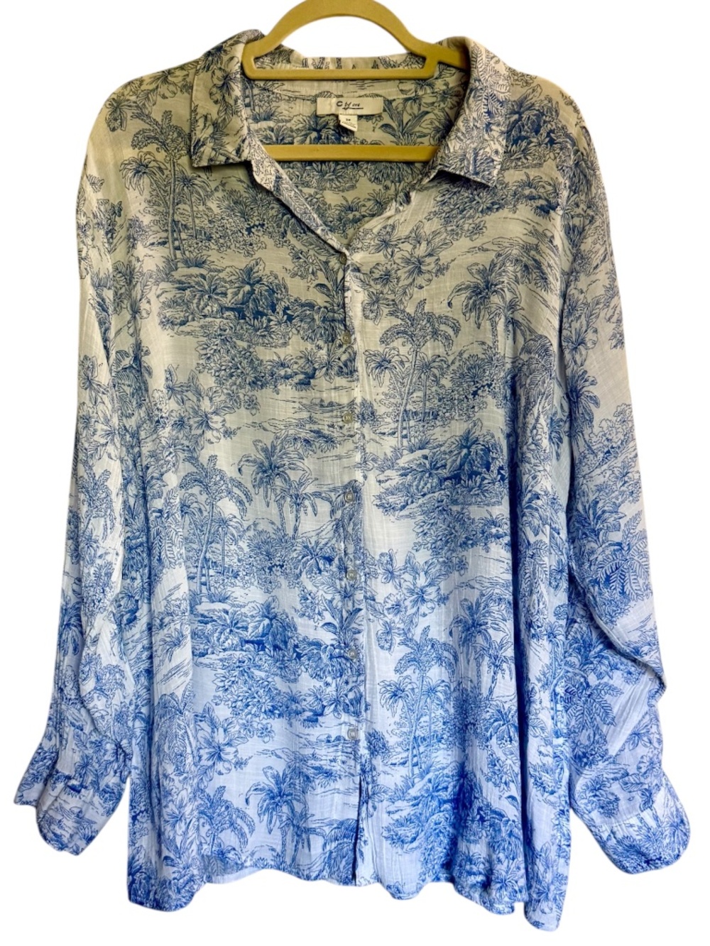 C By One Toile Print Roll‎ Tab Blouse Plus Size 3X